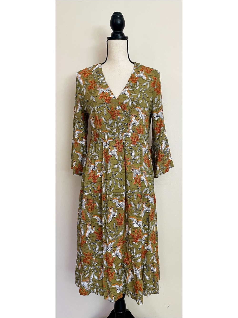 Foil Batik Print 3/4 Bell Sleeve Midi Dress